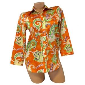 Lauren Ralph Lauren‎ Womens XS Orange Paisley Print 3/4 Sleeve Button Down Top